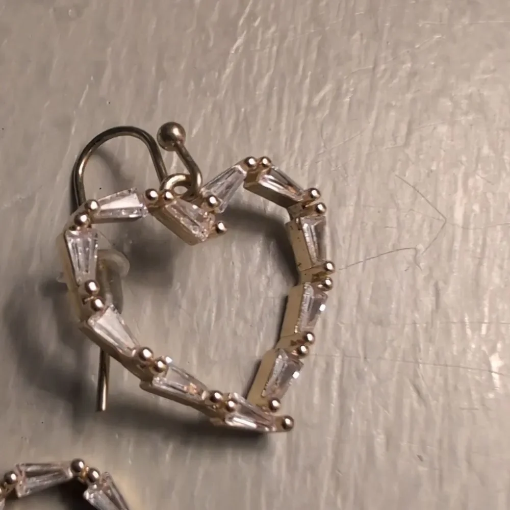 Playful Gold Tone Metal Heart Earrings Baguette Stone Shape